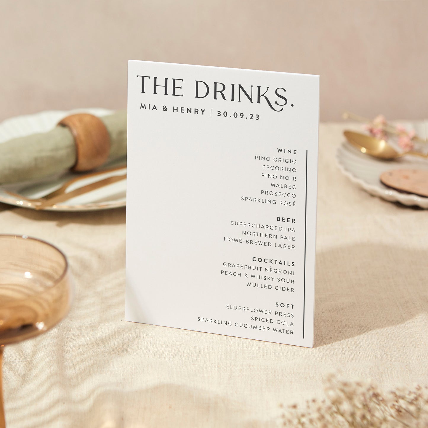 Drinks Menu Sign Wedding Sign A5 Sturdy Foamex Sign Minimal Layout