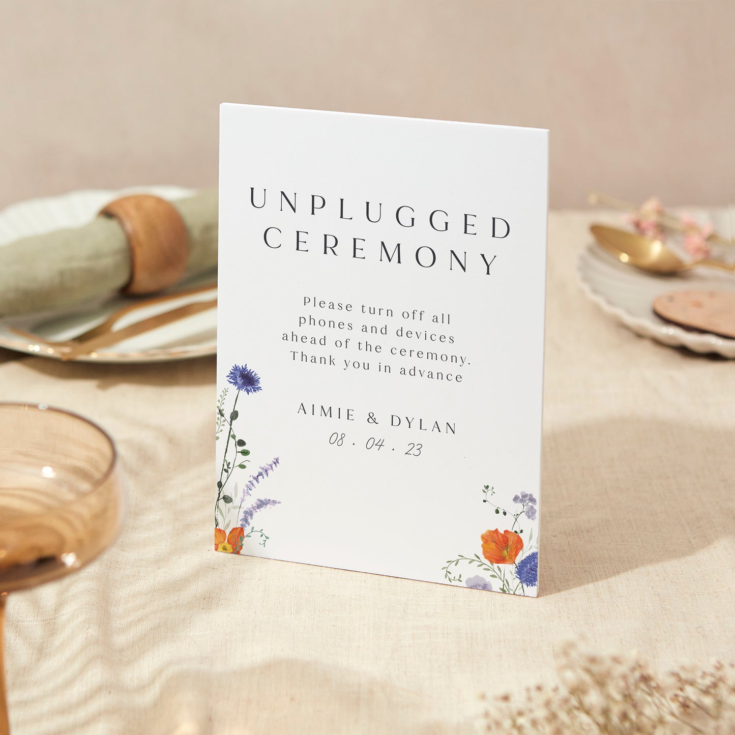 Unplugged Ceremony Sign Wedding Sign A4 Sturdy Foamex Sign Pressed Wildflowers