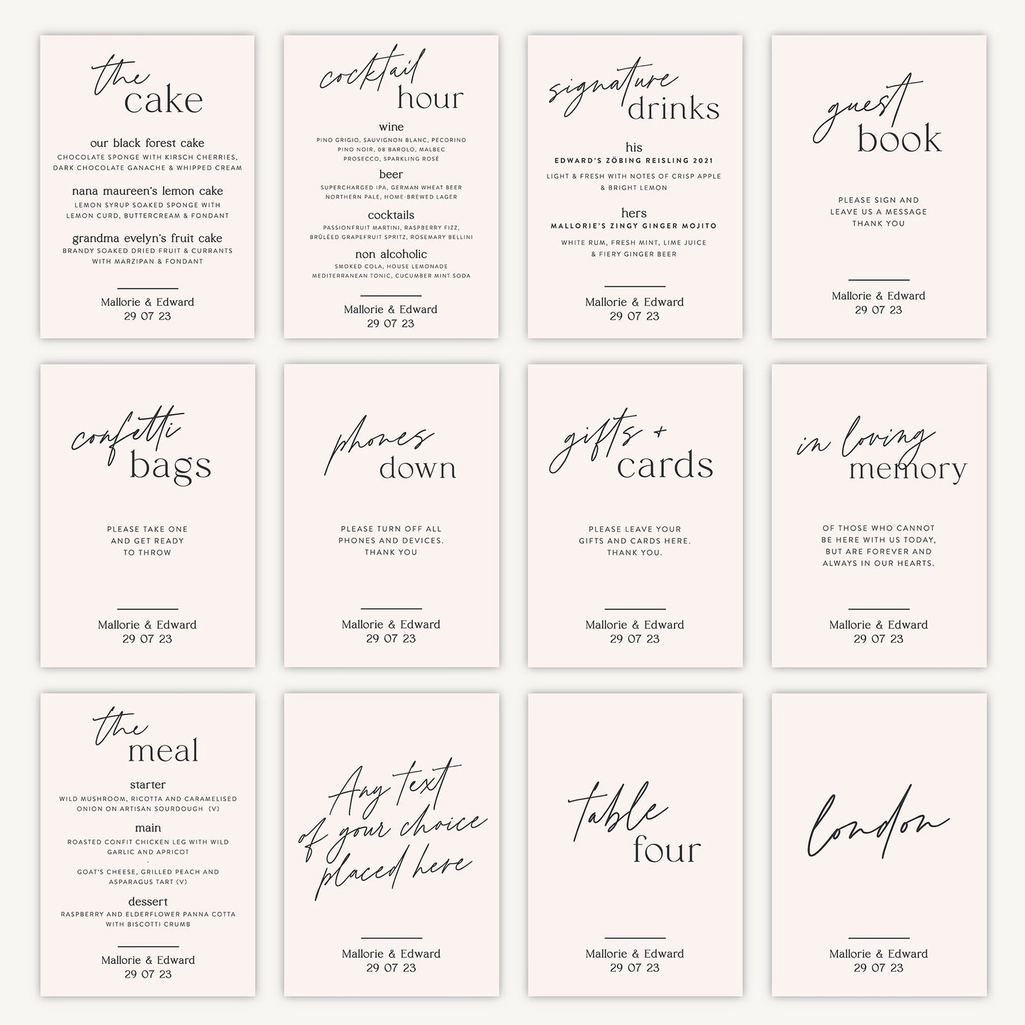 Table Name Sign Wedding Sign A4 Sturdy Foamex Sign Modern Calligraphy