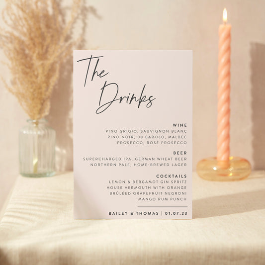 Drinks Menu Sign Wedding Sign A4 Sturdy Foamex Sign Modern Minimal Script