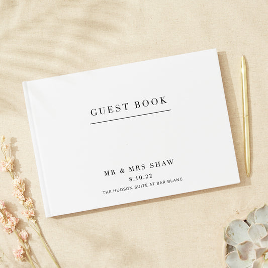 Black Modern Script Linen Guest Book