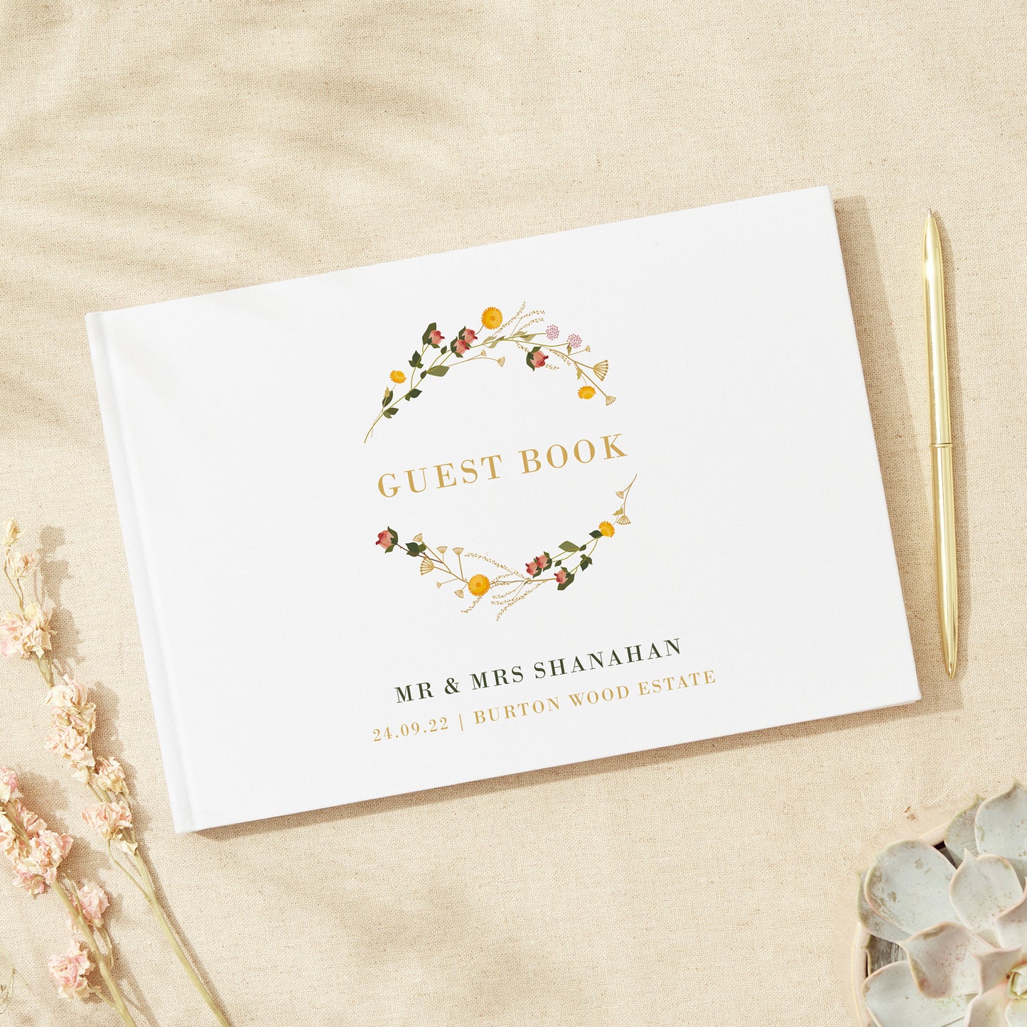 Rustic Wildflowers Linen Guest Book
