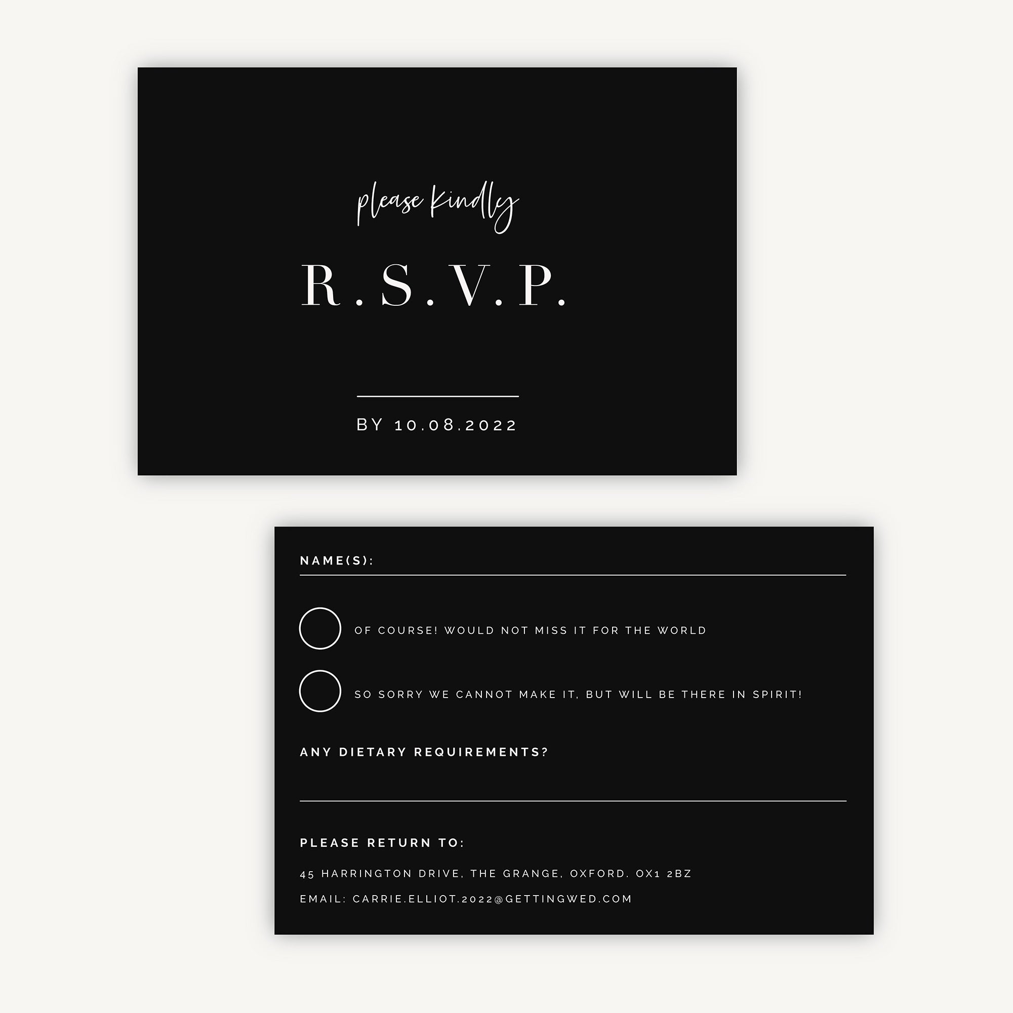 Black Modern Script Wedding Invitation RSVP Card – Loom Weddings