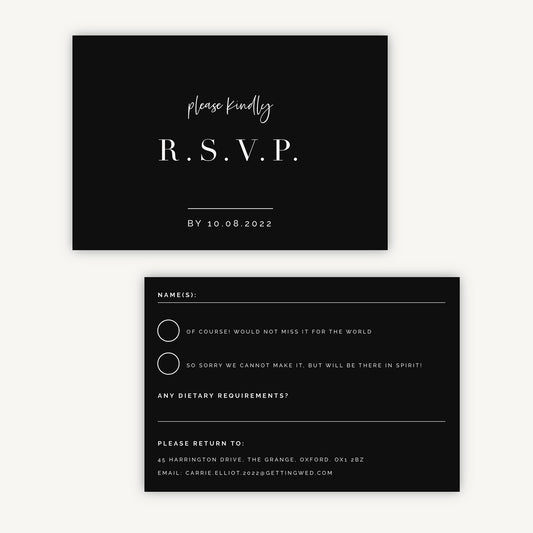 Black Modern Script Wedding Invitation RSVP Card