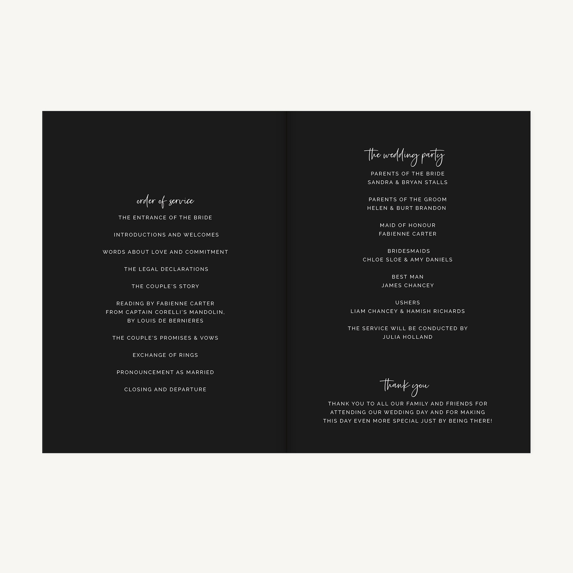 Black Modern Script Wedding Order of Service
