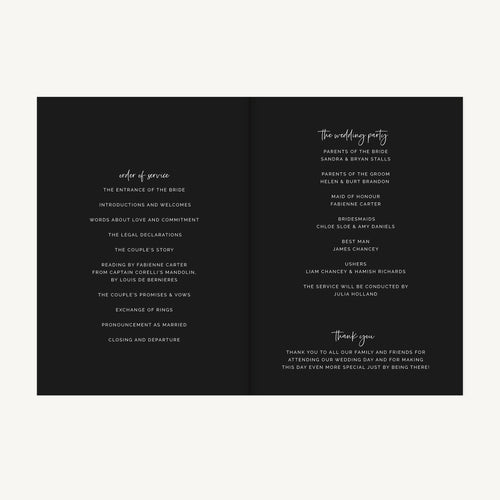 Black Modern Script Wedding Order of Service