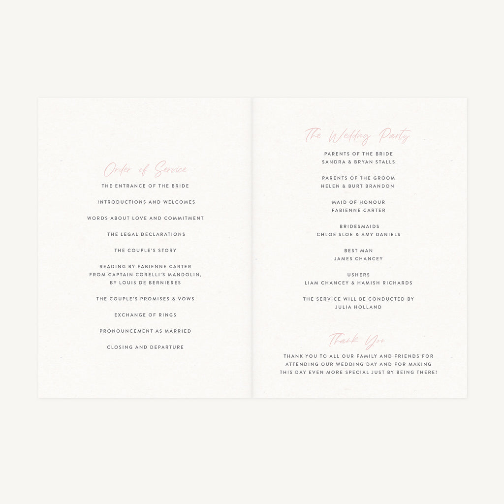 Blush Peony Wedding Order of Service