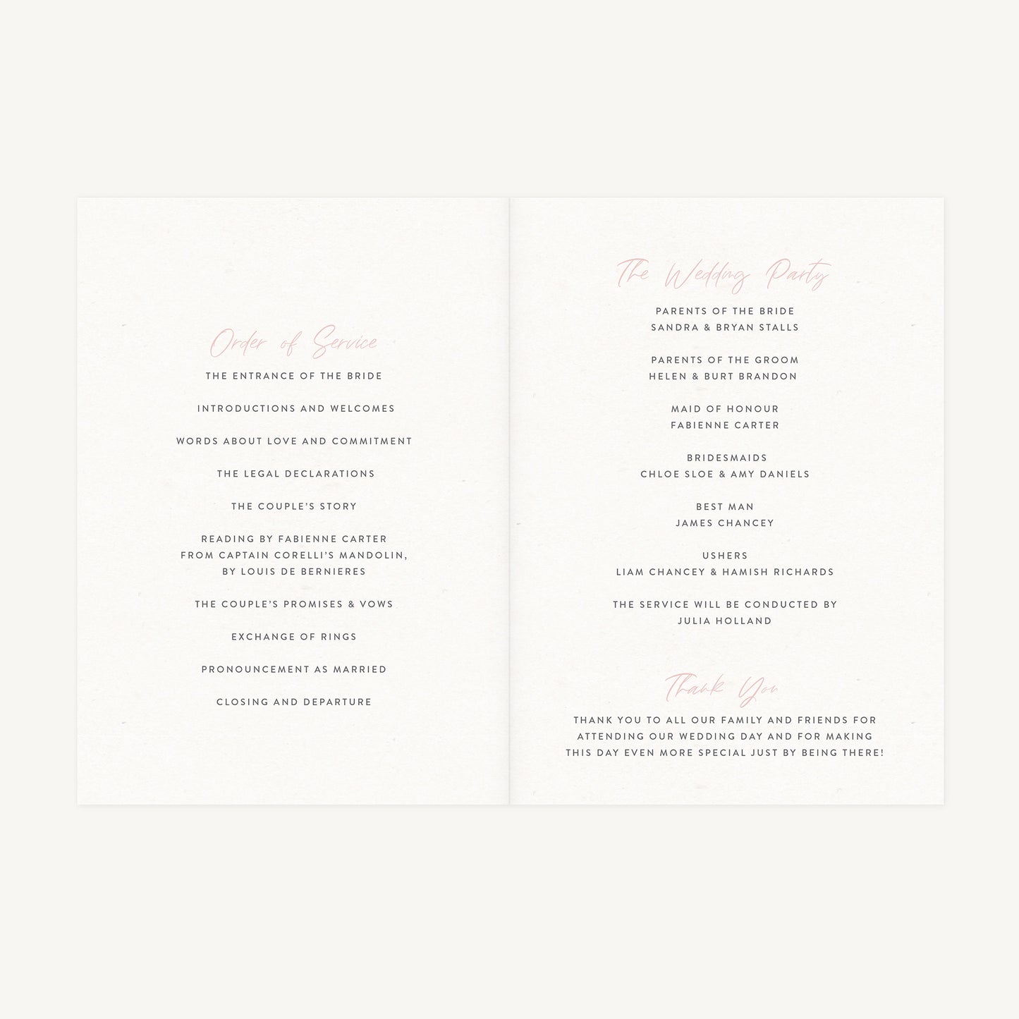 Blush Peony Wedding Order of Service
