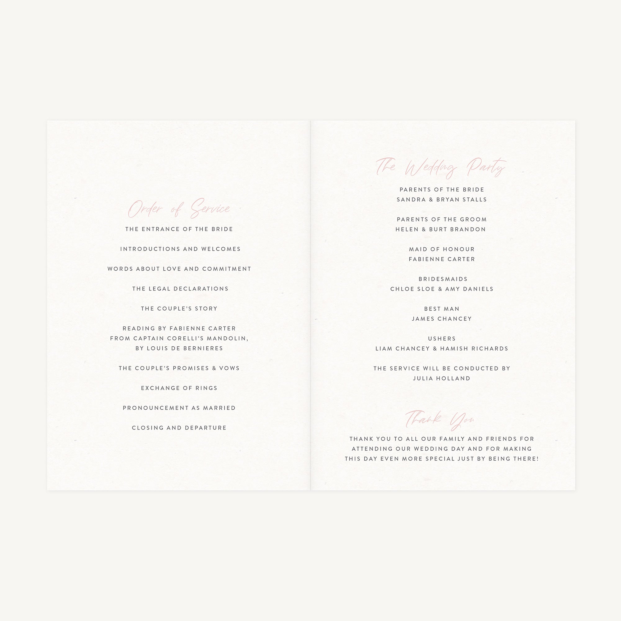 Blush Peony Wedding Order of Service