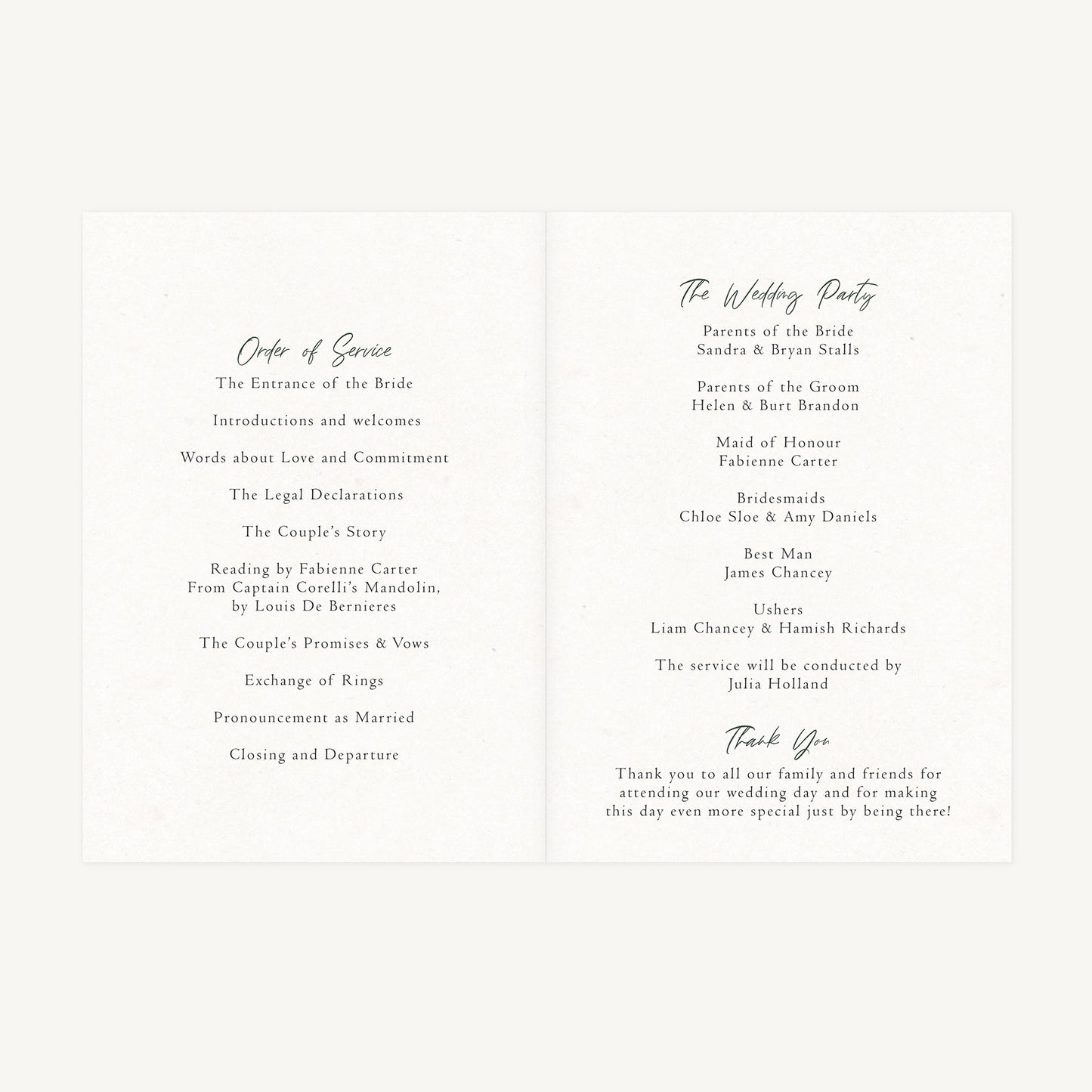 Elegant Floral Wedding Order of Service