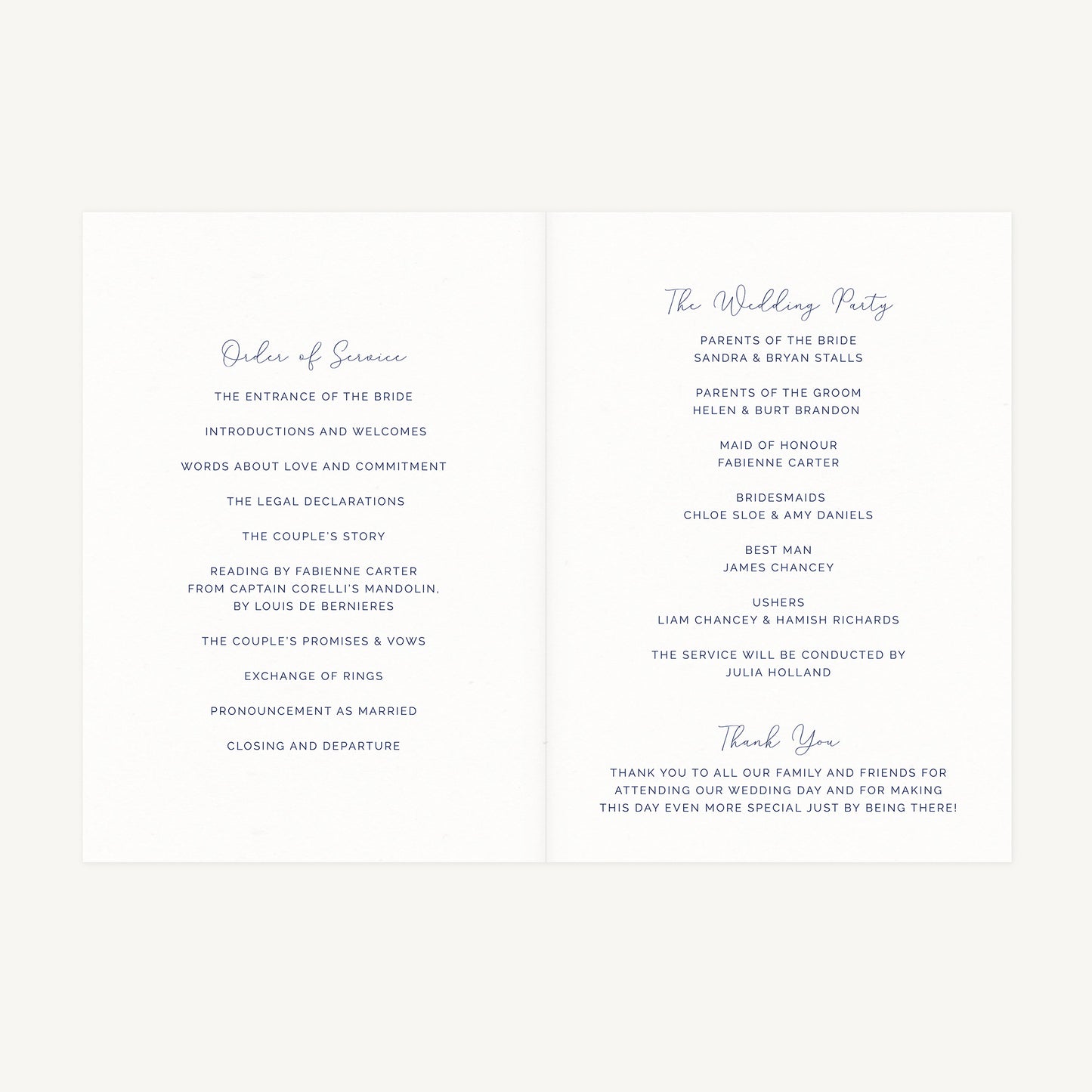 Farmhouse Blue Wedding Order of Service