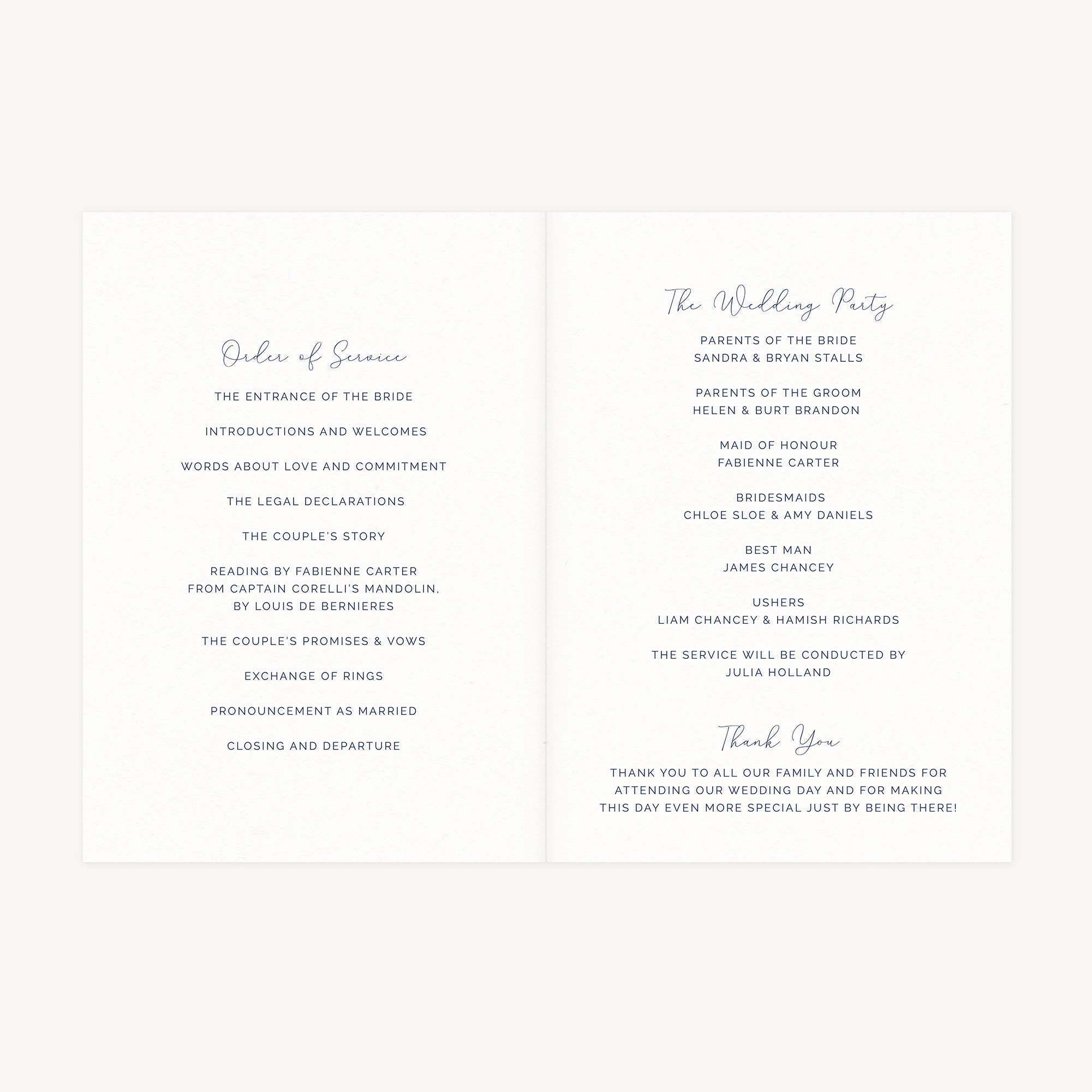Farmhouse Blue Wedding Order of Service