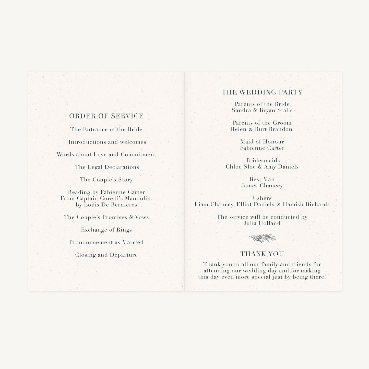 Foliage Monogram Wedding Order of Service