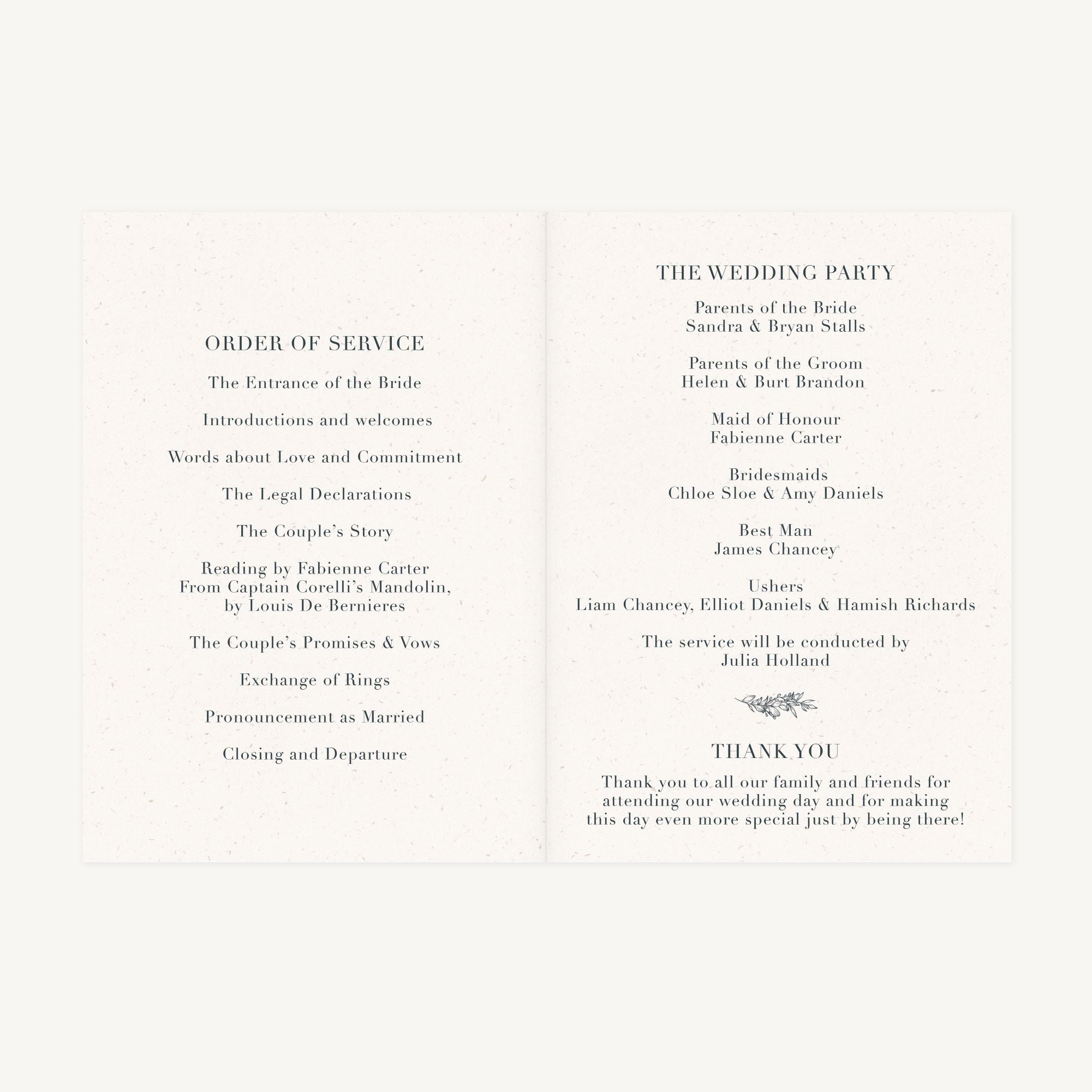 Foliage Monogram Wedding Order of Service