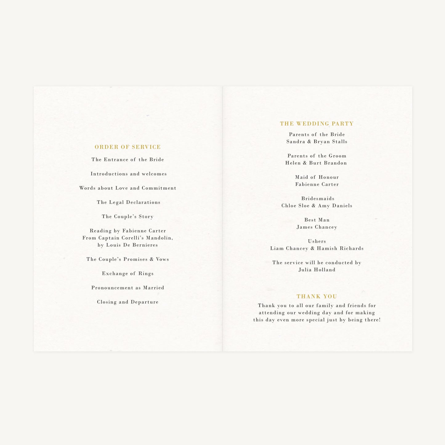 Greenery Botanical Wedding Order of Service