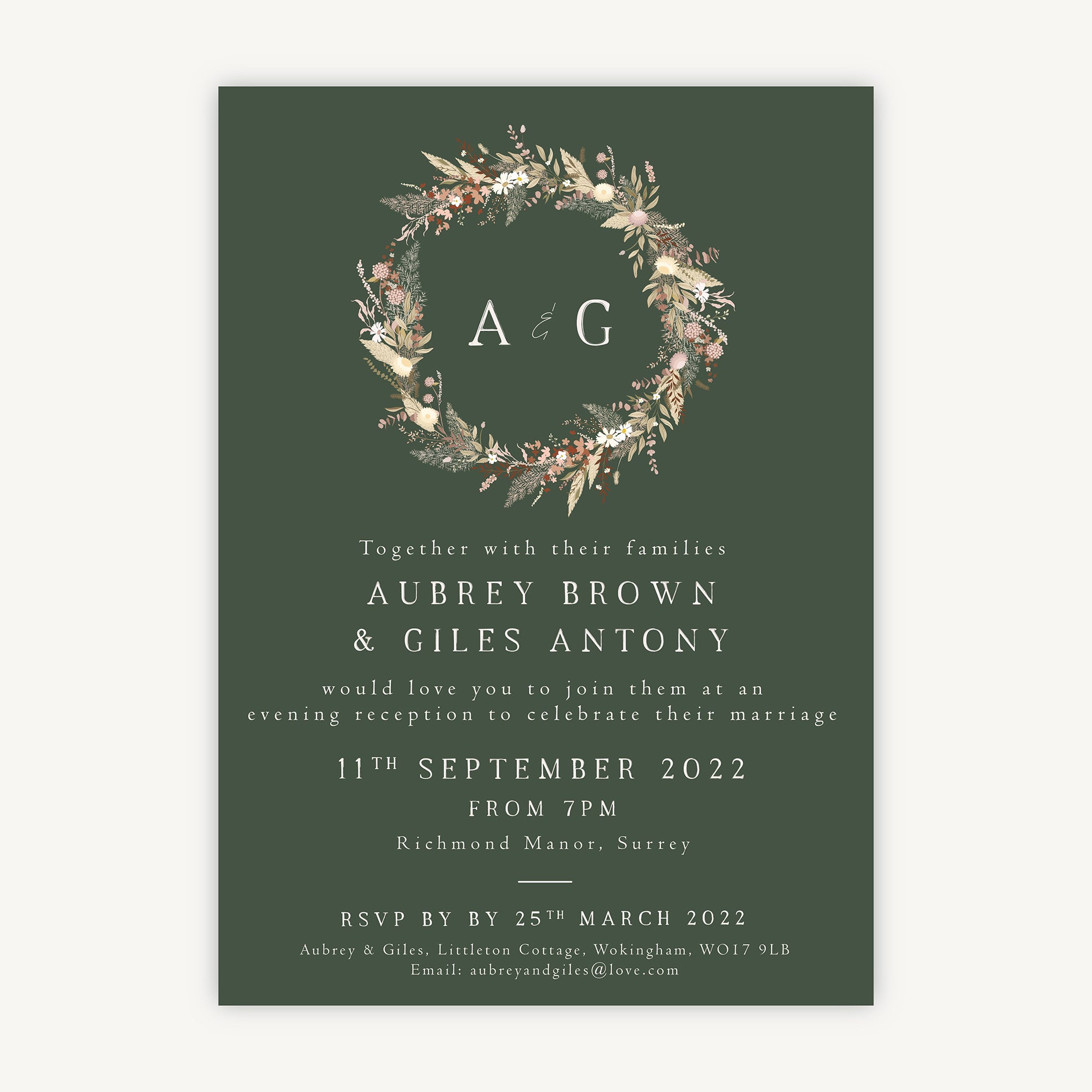 Dried Flower Wreath Evening/Reception Wedding Invitation