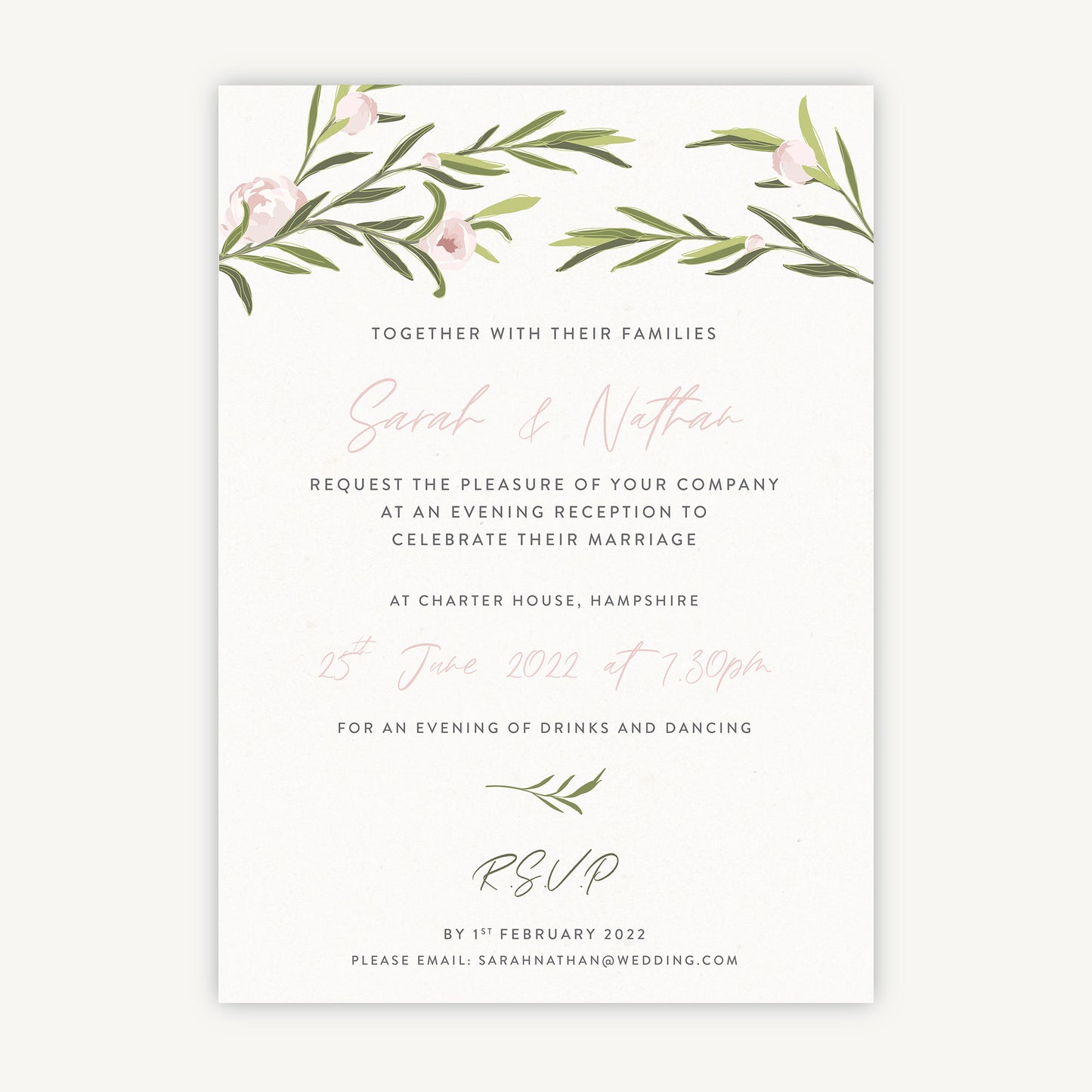 Blush Peony Evening/Reception Wedding Invitation