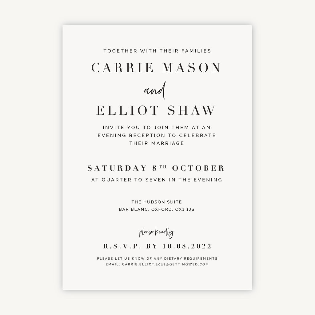 White Modern Script Evening/Reception Wedding Invitation