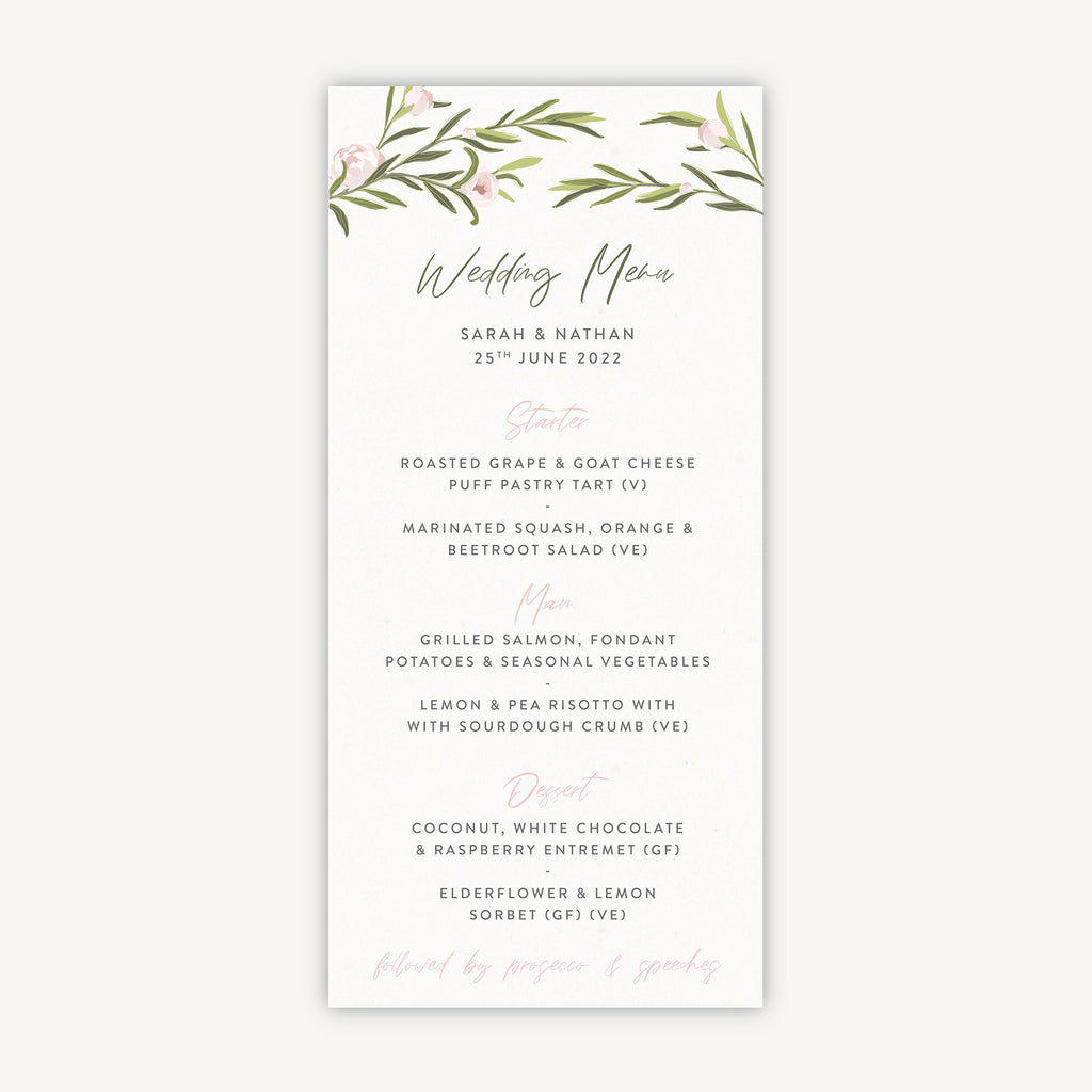 Blush Peony Wedding Menu
