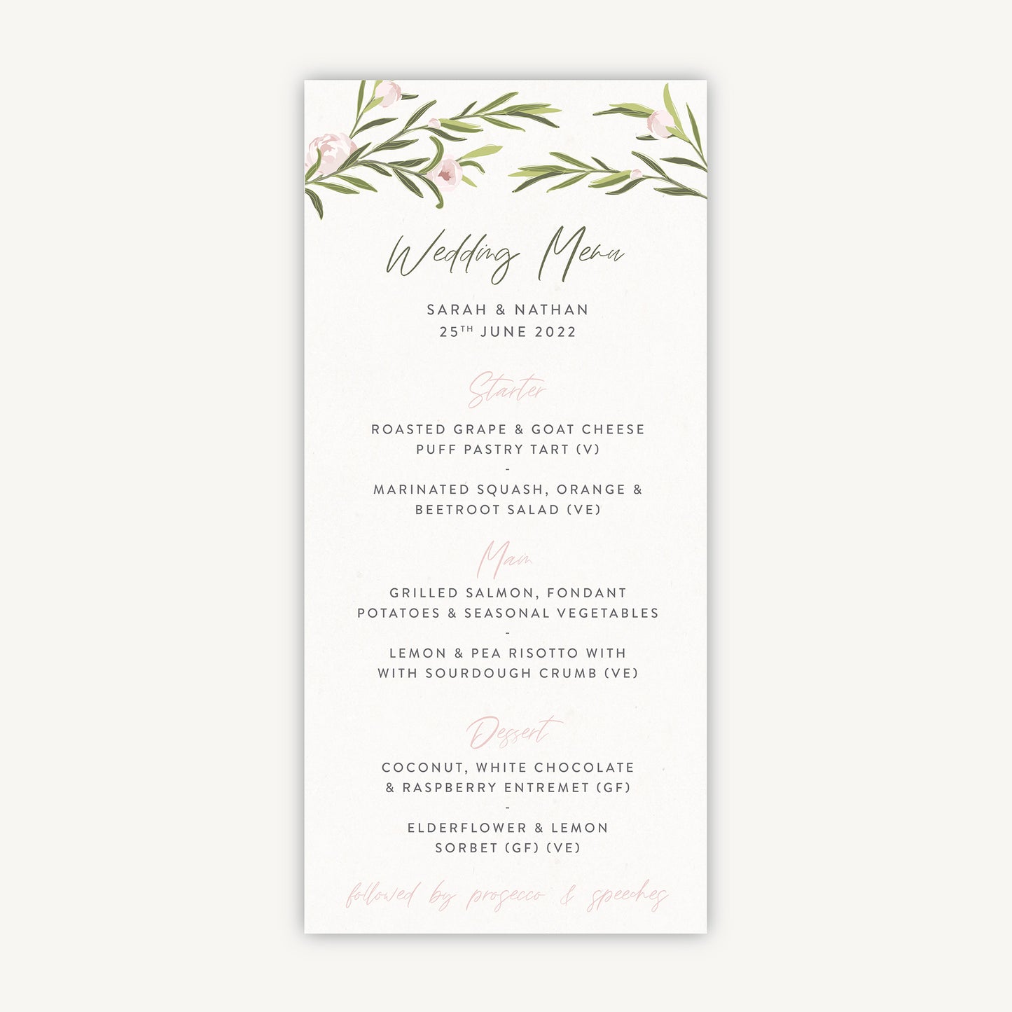 Blush Peony Wedding Menu