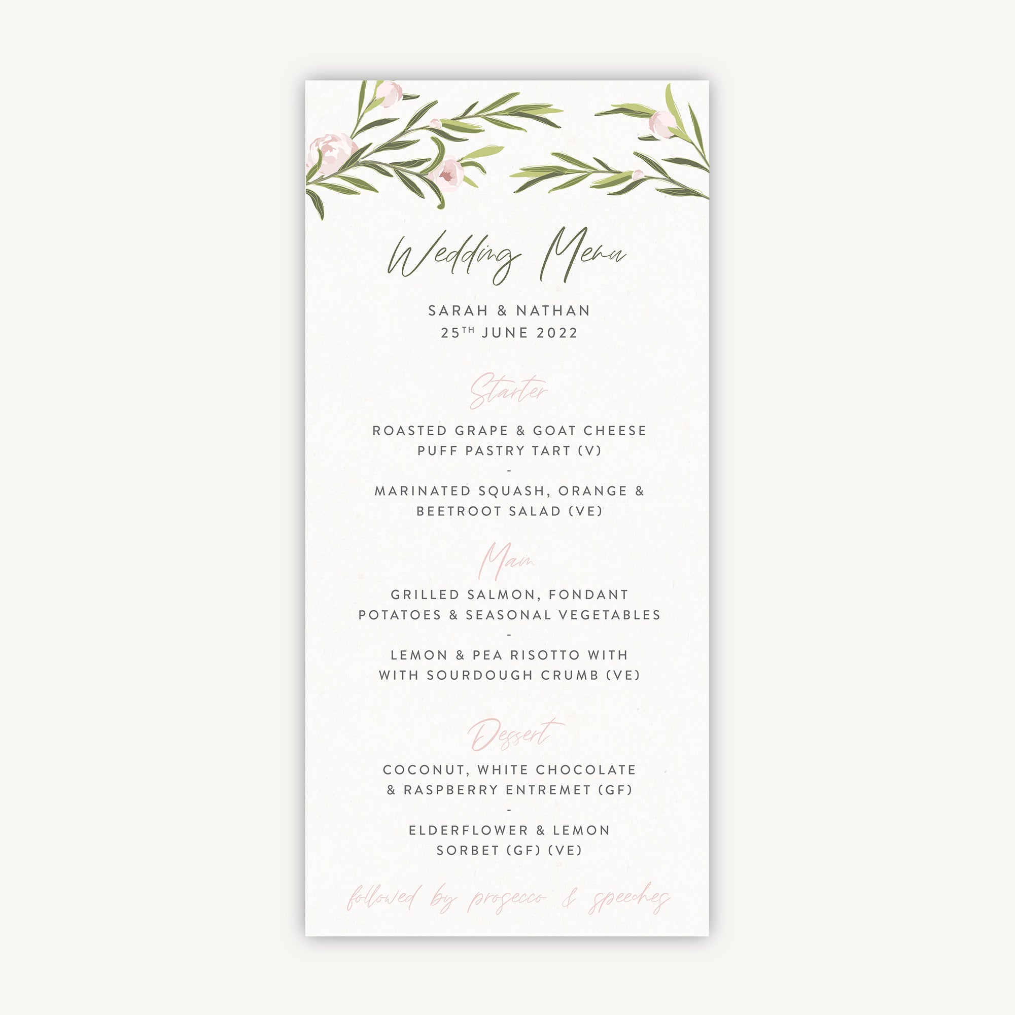 Blush Peony Wedding Menu