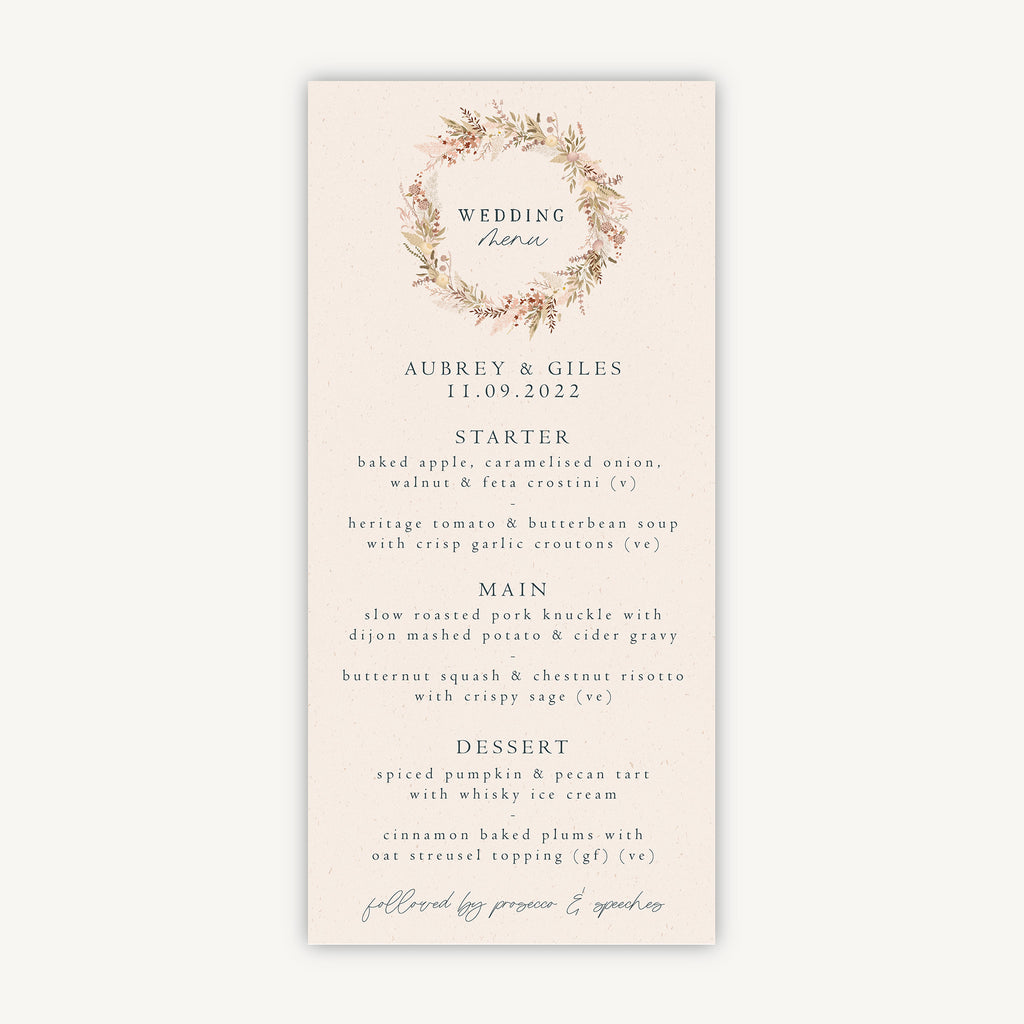 Dried Flower Wreath Wedding Menu