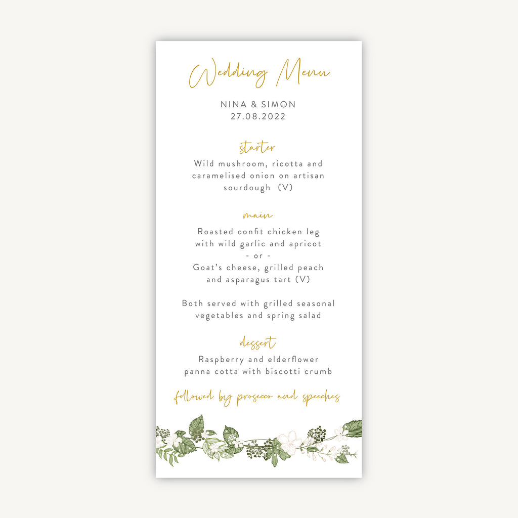 White Floral Wedding Menu