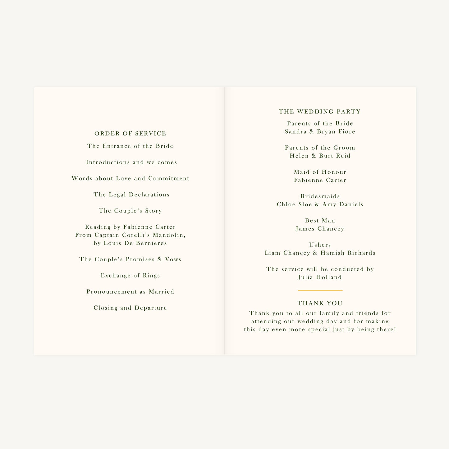 Amalfi Lemons Wedding Order of Service