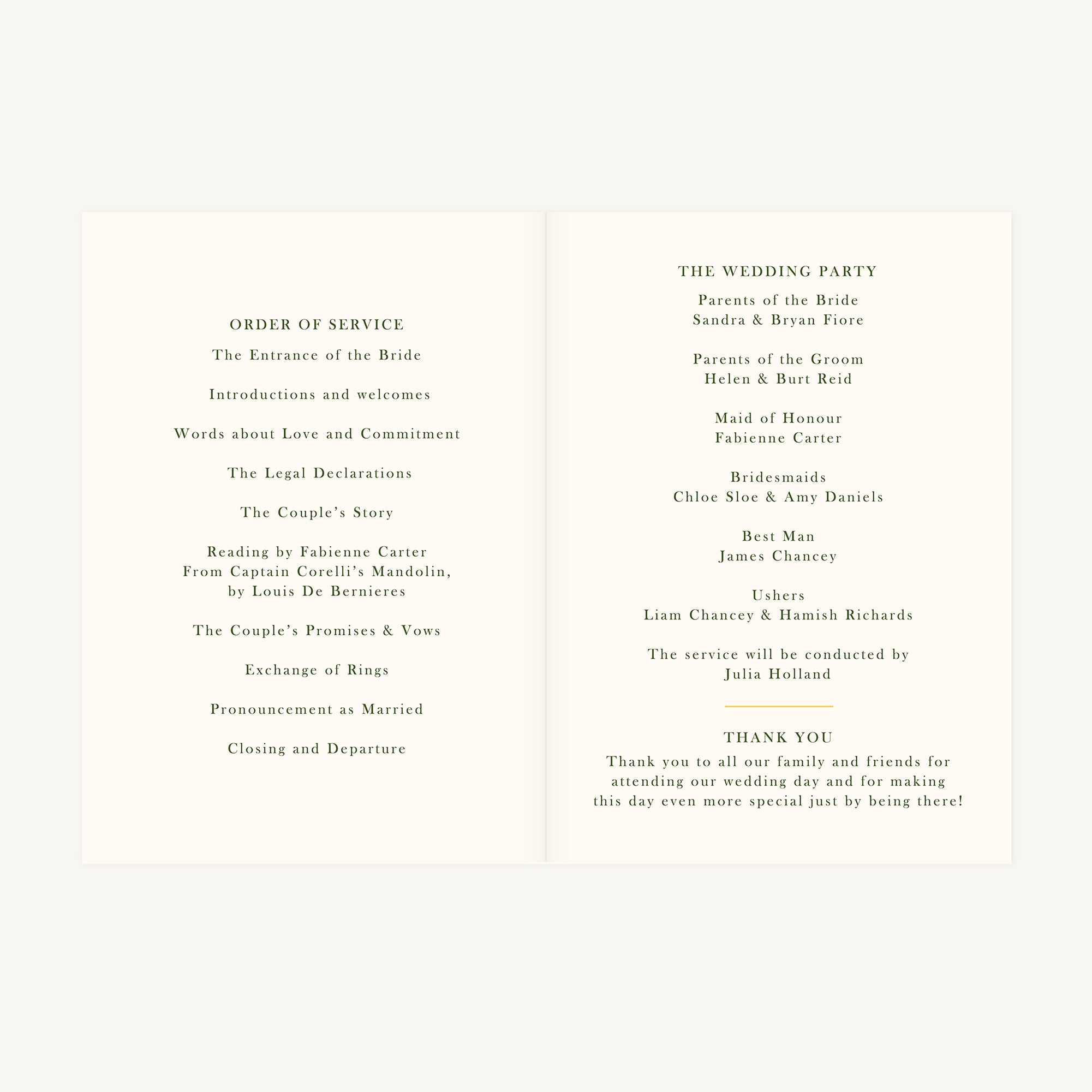 Amalfi Lemons Wedding Order of Service