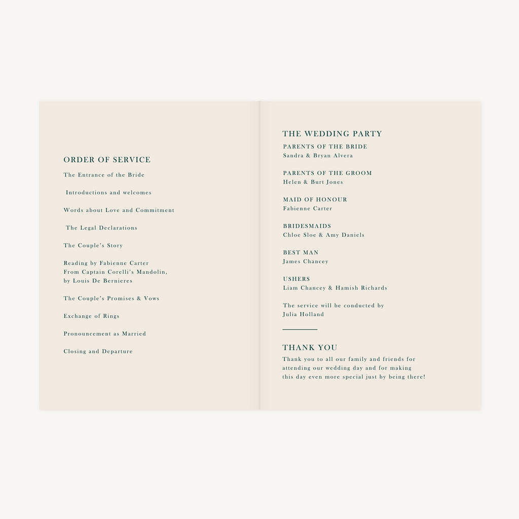 Mediterranean Oranges Wedding Order of Service