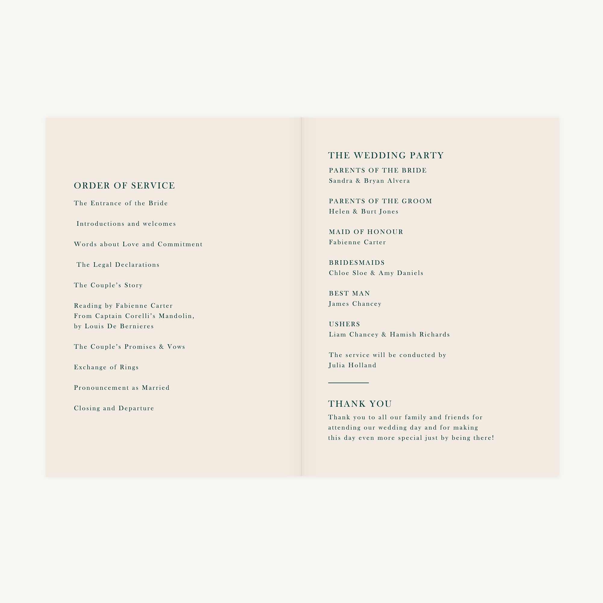 Mediterranean Oranges Wedding Order of Service