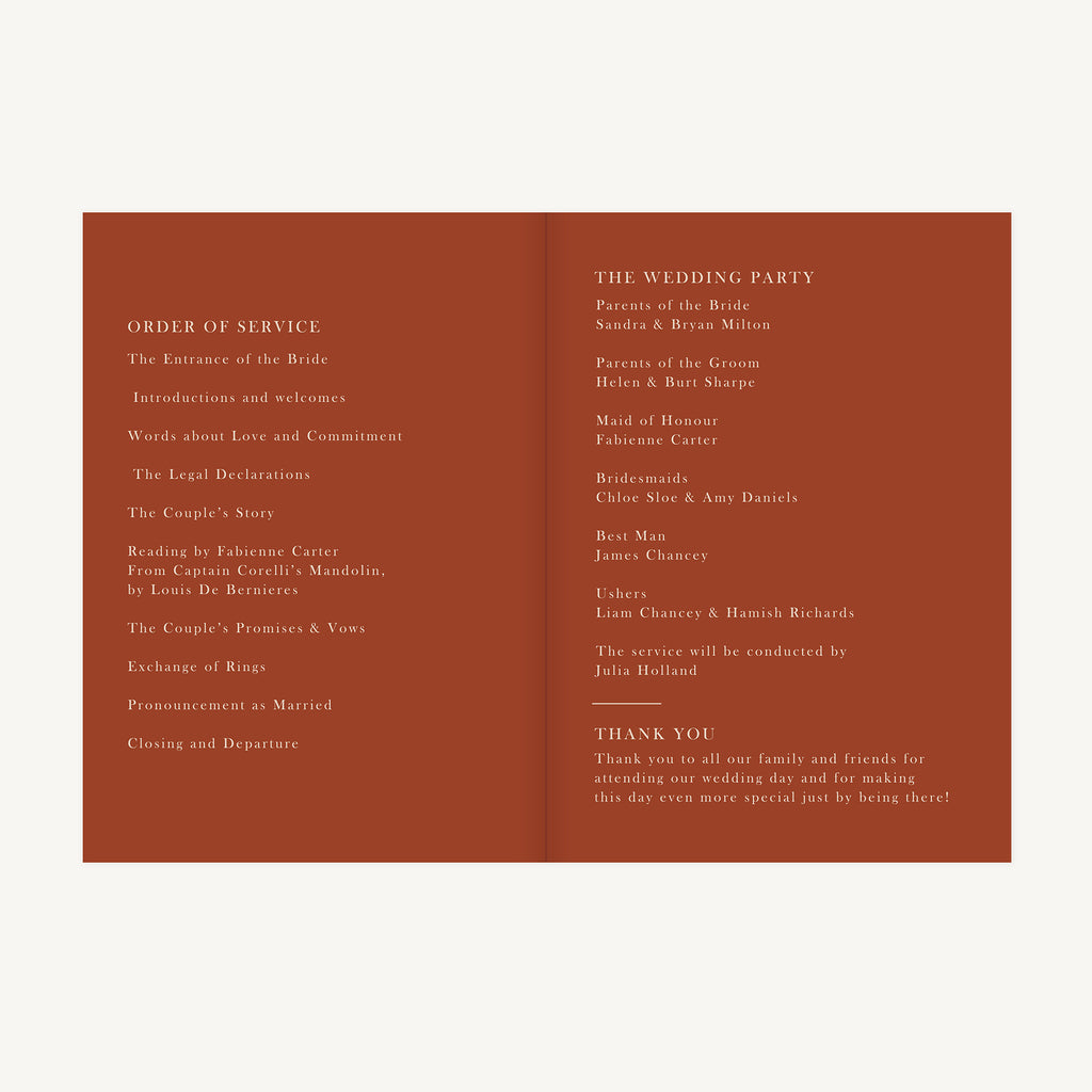 Caramel Autumn Colour Block Wedding Order of Service
