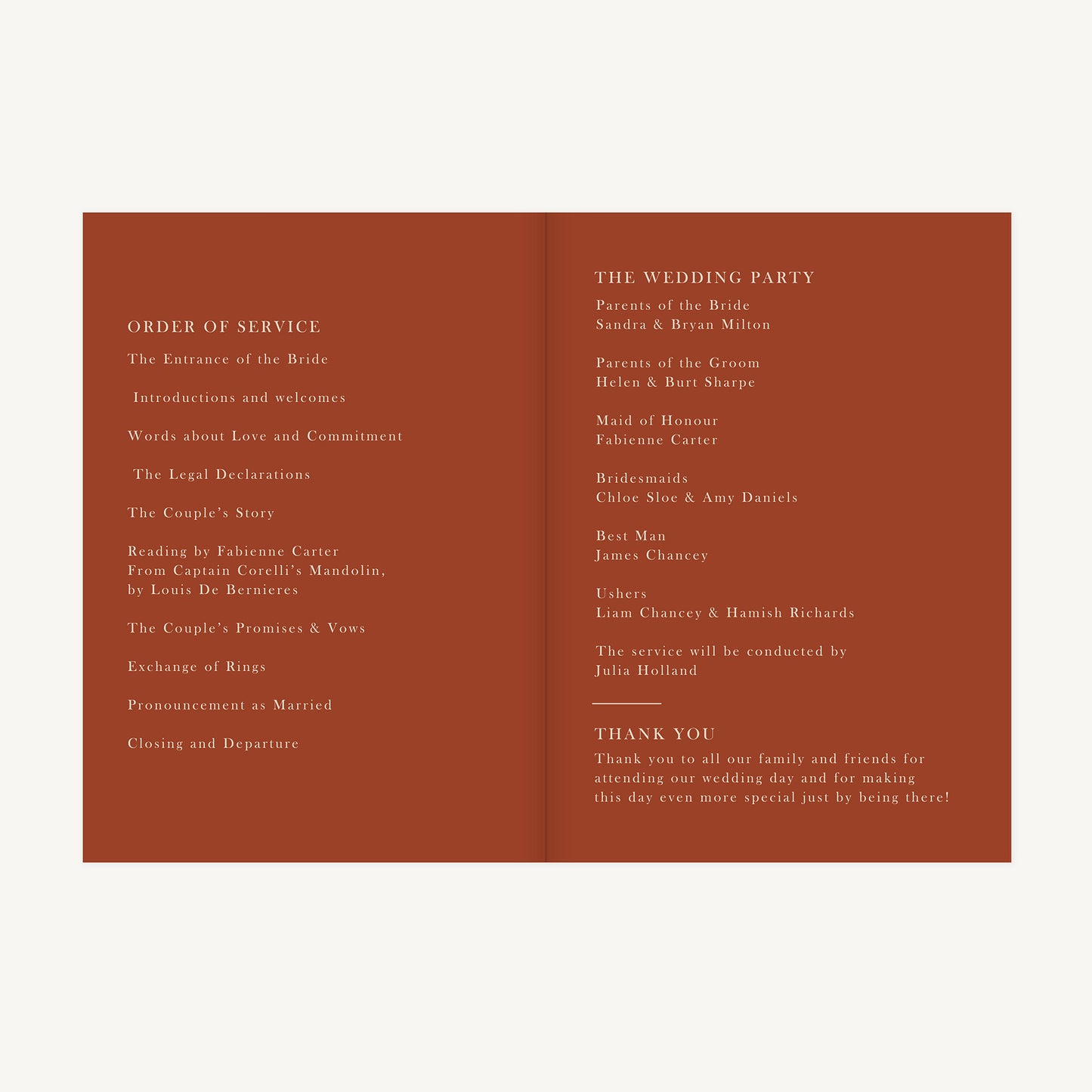 Caramel Autumn Colour Block Wedding Order of Service