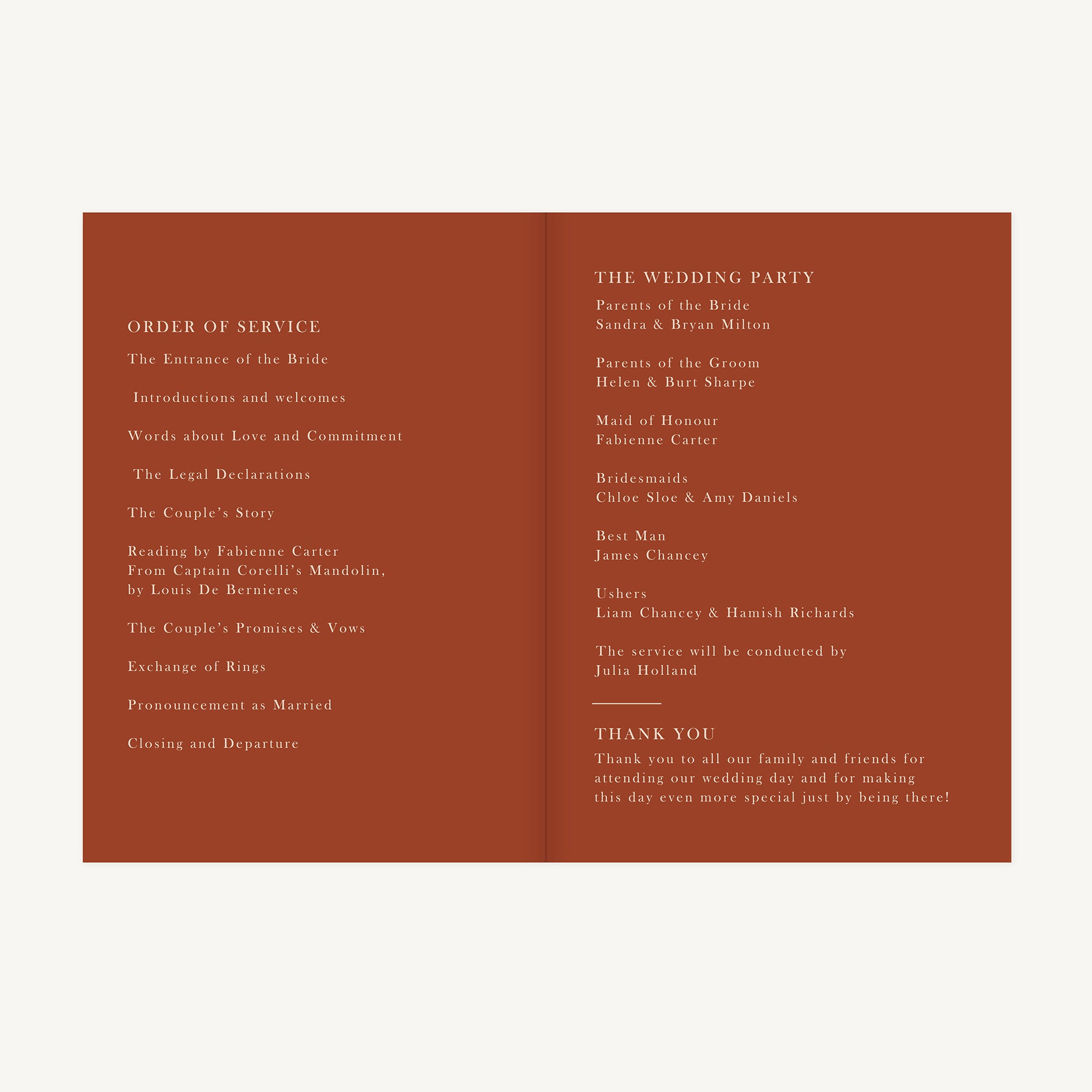 Caramel Autumn Colour Block Wedding Order of Service