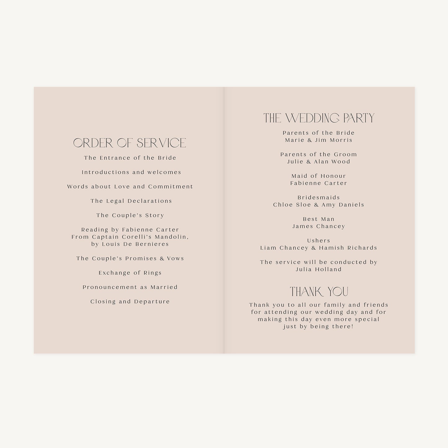 Winter Floral Wedding Order of Service