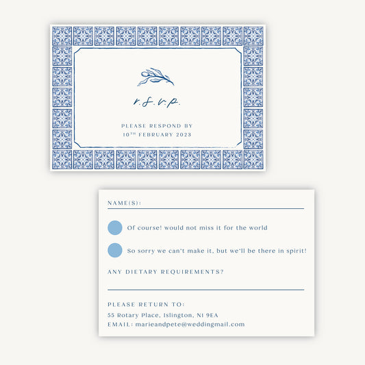 Blue Tile Mediterranean Wedding Invitation RSVP Card