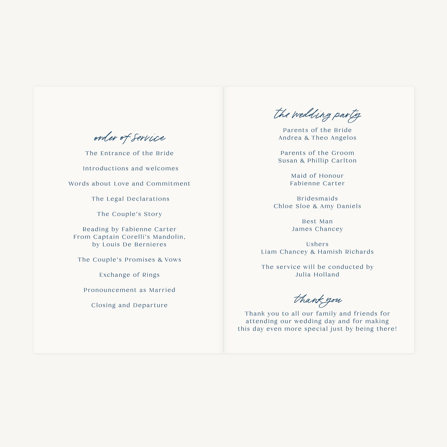 Blue Tile Mediterranean Wedding Order of Service