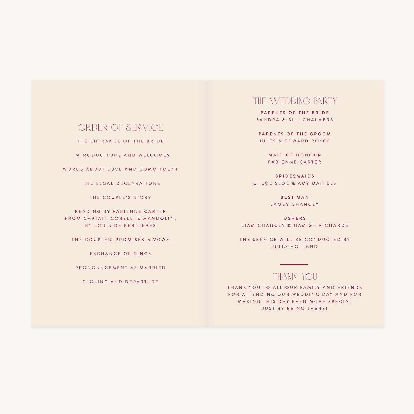 Magenta Modern Script Wedding Order of Service