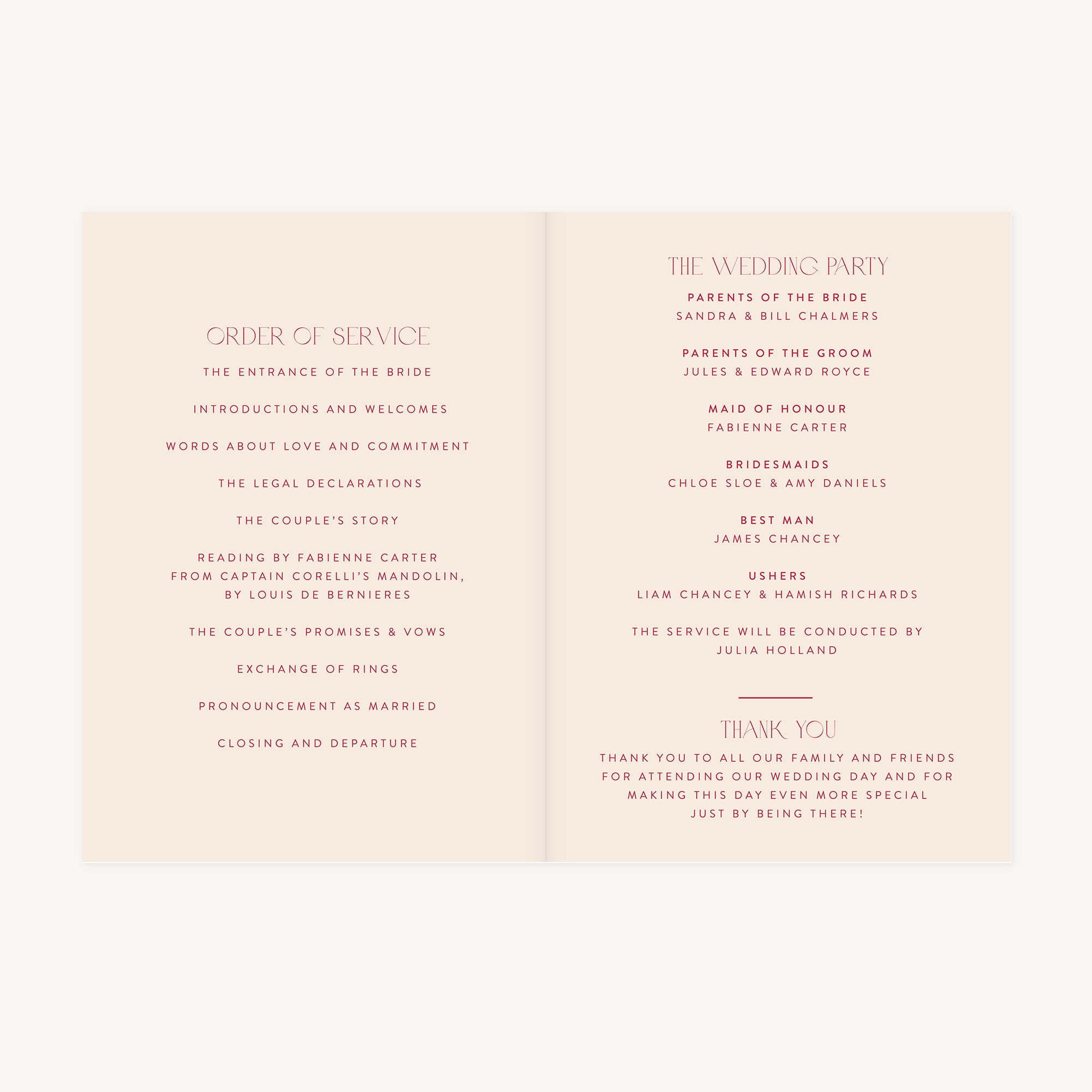 Magenta Modern Script Wedding Order of Service