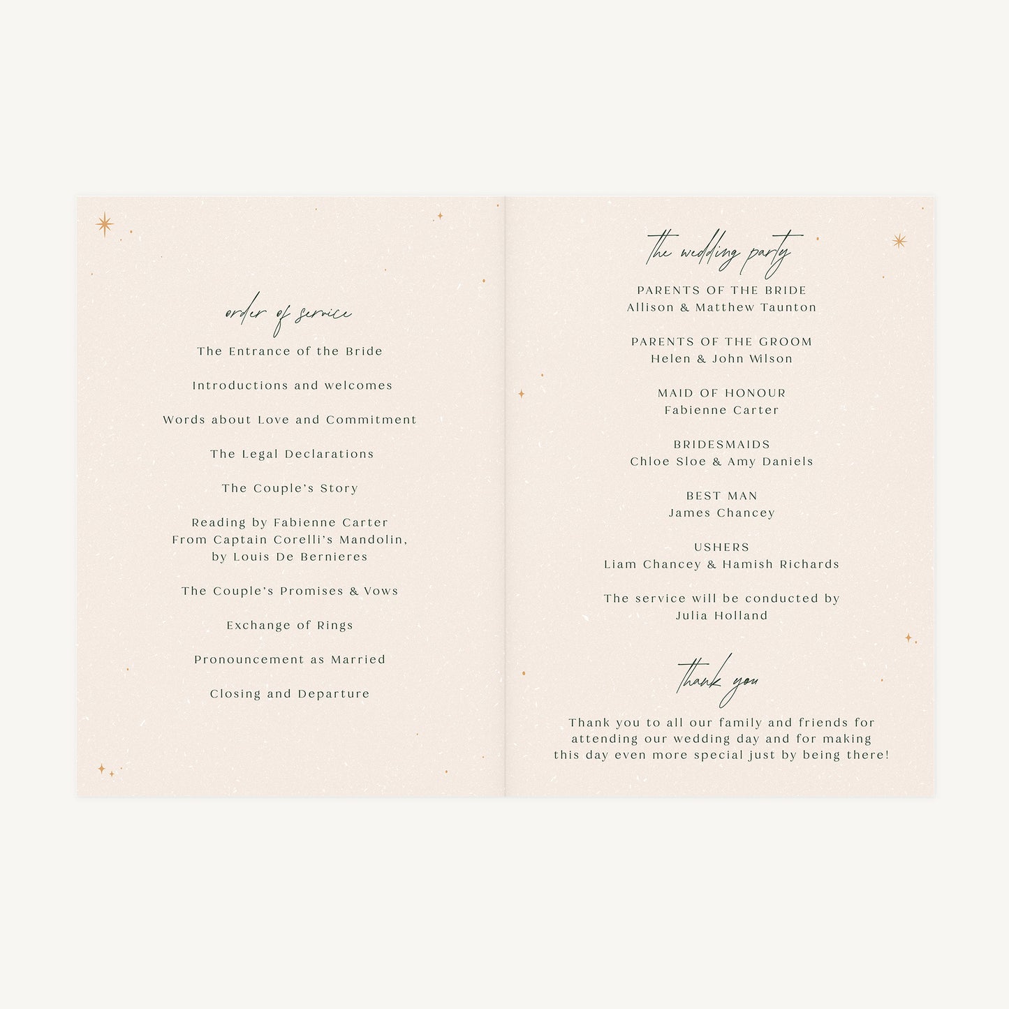 Winter Christmas Wedding Order of Service