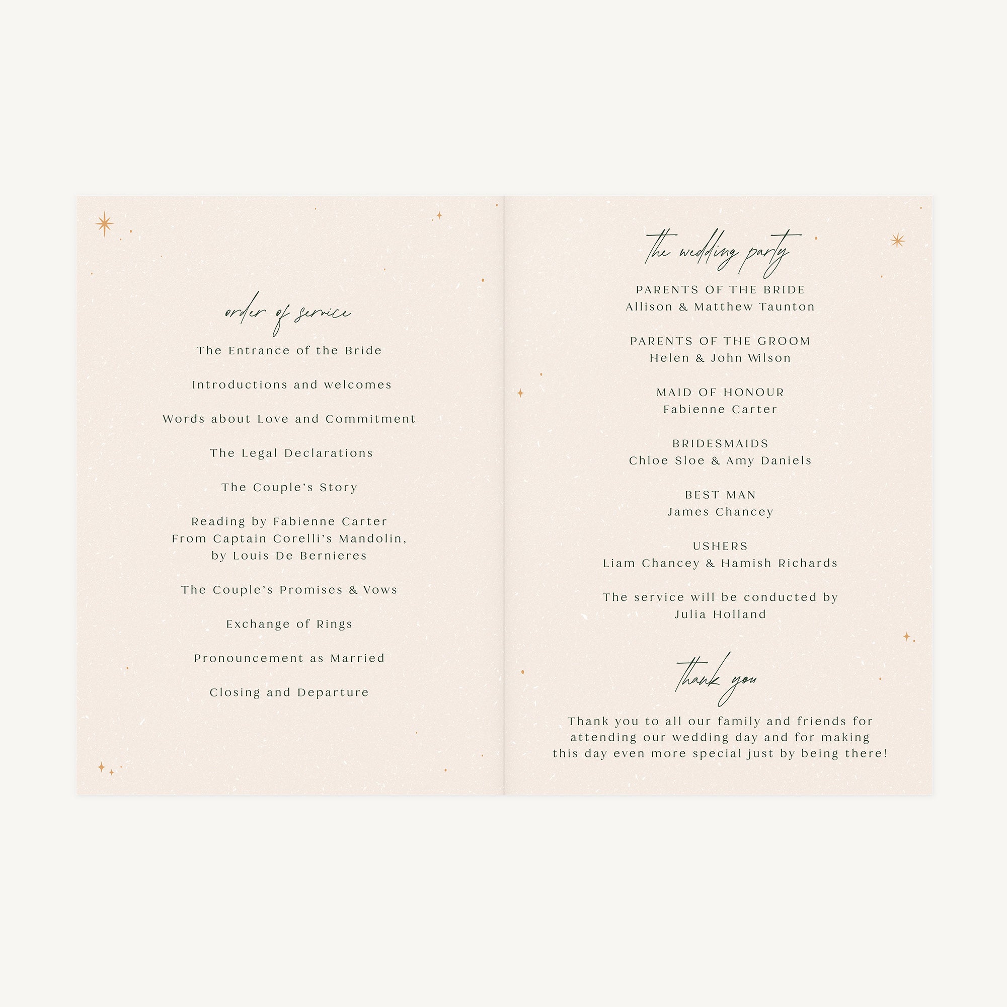 Winter Christmas Wedding Order of Service