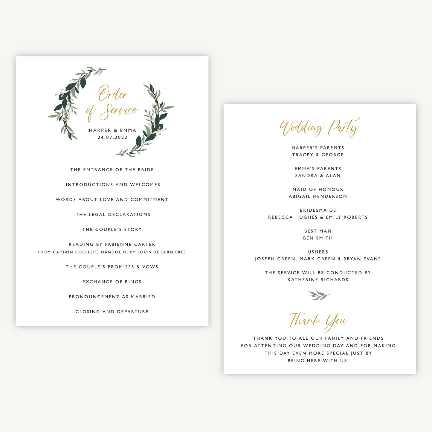 Foliage Hoop Wedding Order of Service Sheet