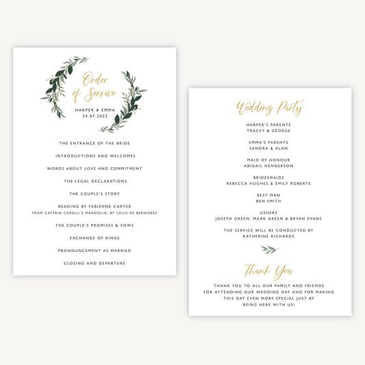 Foliage Hoop Wedding Order of Service Sheet