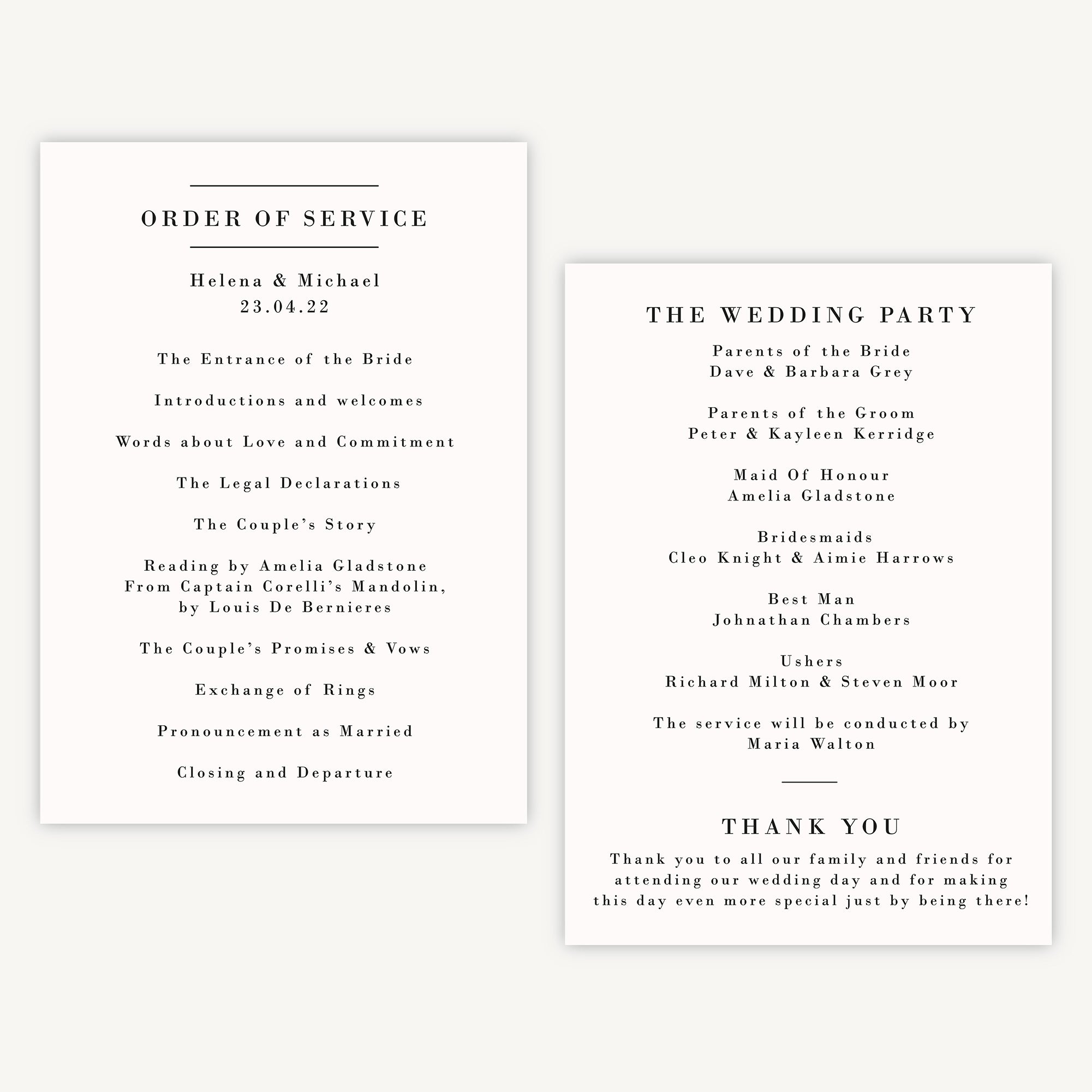 Simple Script Wedding Order of Service Sheet – Loom Weddings