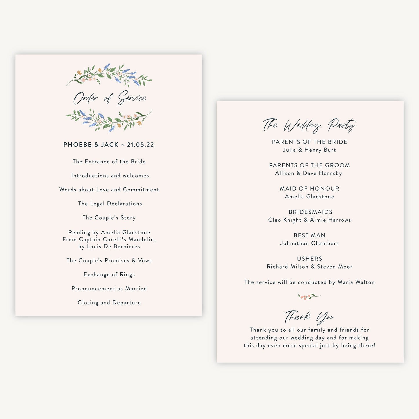 Wildflower Wreath Wedding Order of Service Sheet