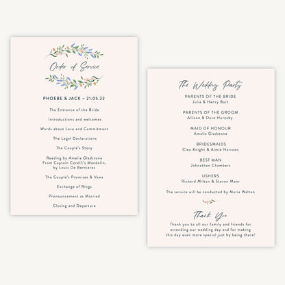 Wildflower Wreath Wedding Order of Service Sheet
