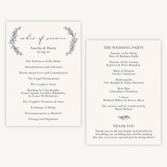 Foliage Monogram Wedding Order of Service Sheet