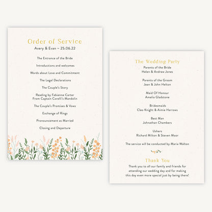 Summer Meadow Wedding Order of Service Sheet