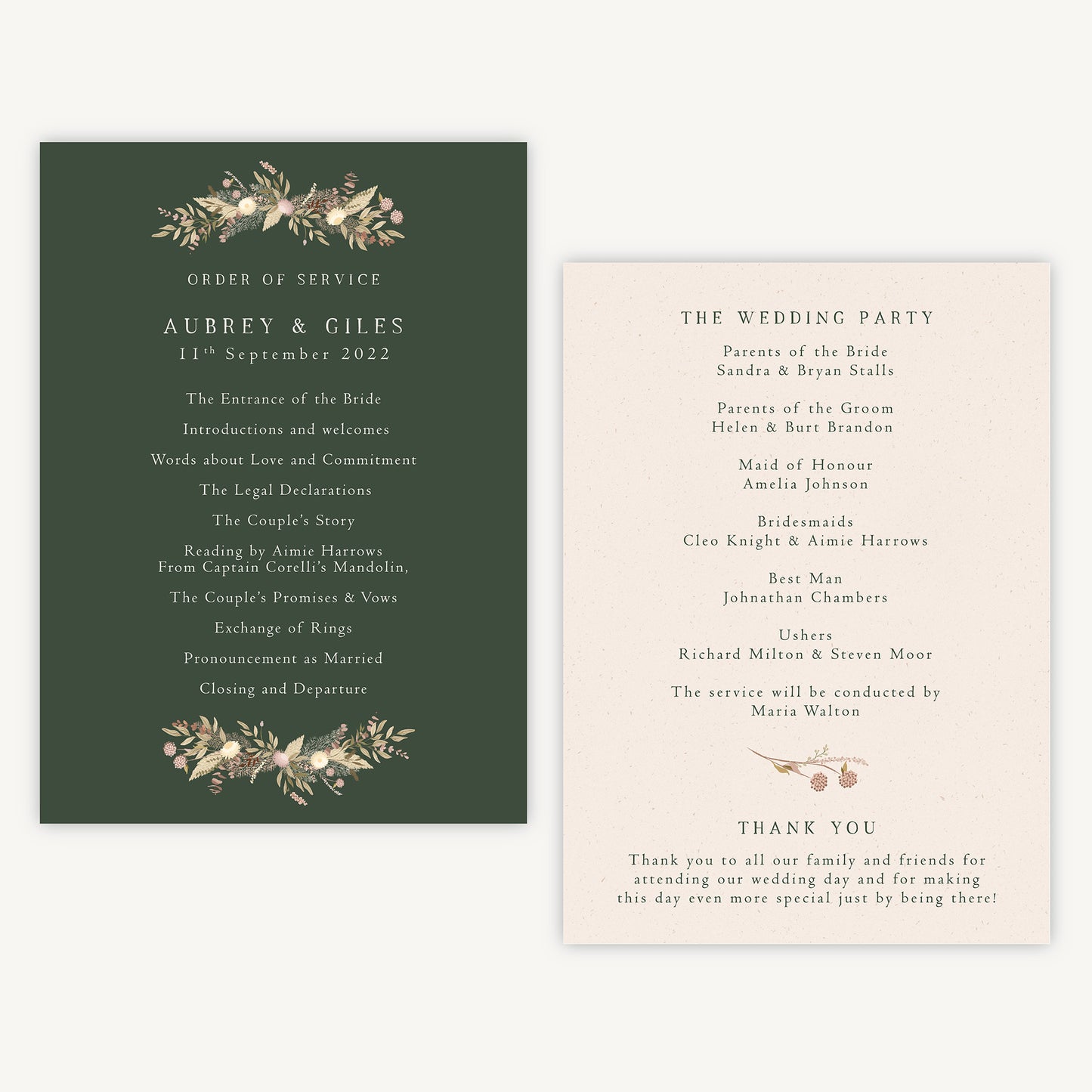 Dried Flower Wreath Wedding Order of Service Sheet