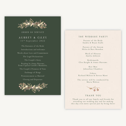 Dried Flower Wreath Wedding Order of Service Sheet